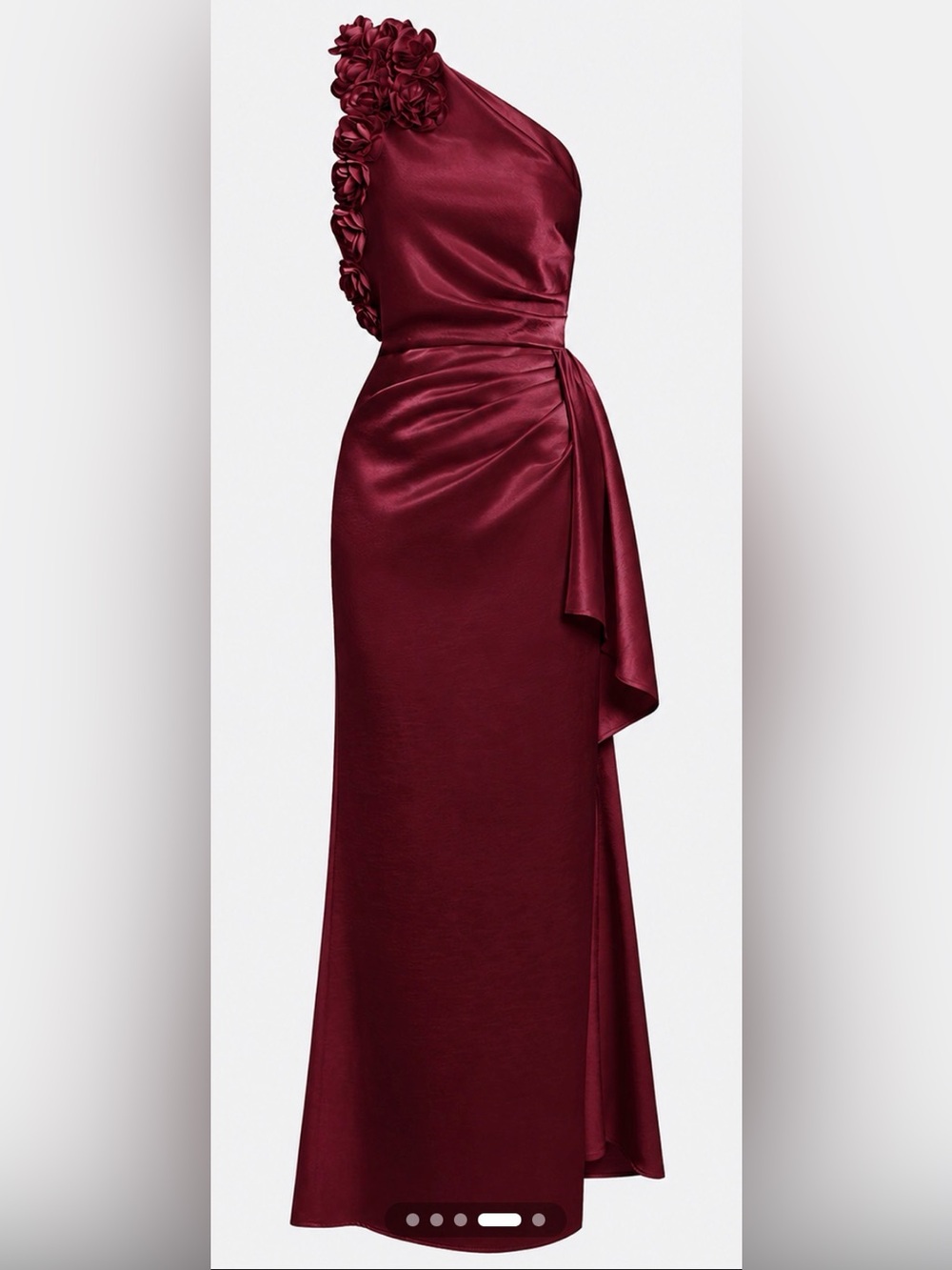 One-Shoulder Burgundy Satin Evening Gown with Floral Shoulder Detail #411 - Picture 7 of 11